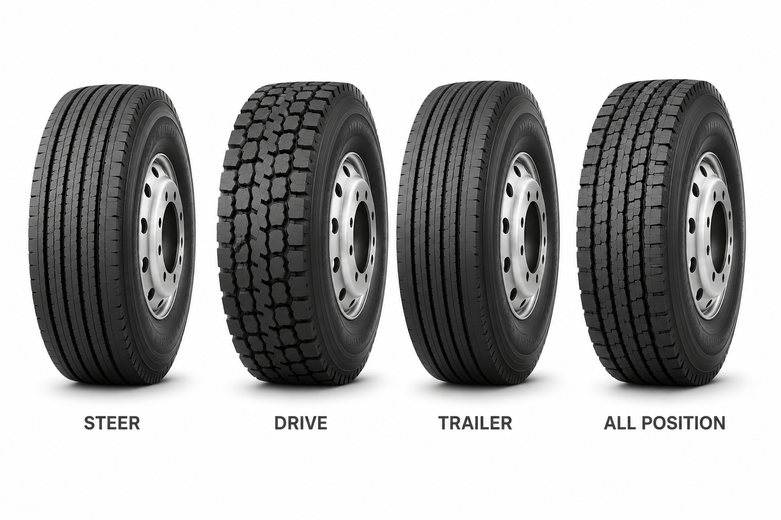 Comparison of four 11R22.5 commercial truck tire tread patterns, including steer, drive, trailer, and all-position designs. Suitable for wholesale importers, distributors, fleet operators, and truck tire dealers sourcing premium truck tires from Thailand for the USA and Canada.
